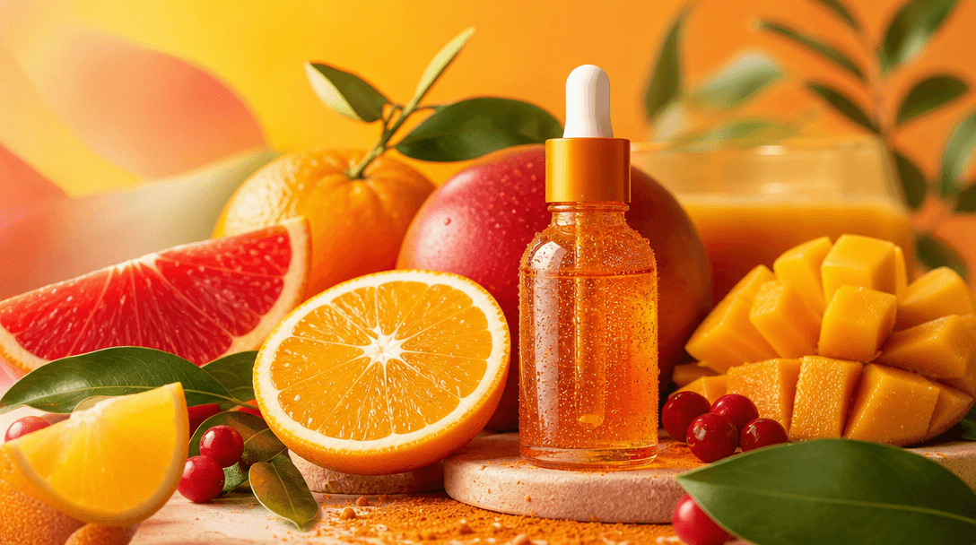 Abstract natural freshness and vitality composition expressing wellness. Vibrant warm fruit colors—orange, red, yellow—b