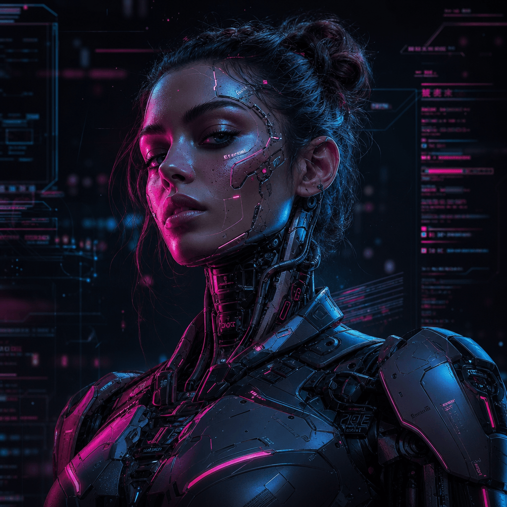 Person reimagined as a futuristic cyborg with neon pink and cyan lighting, metallic technological elements, dark sci-fi