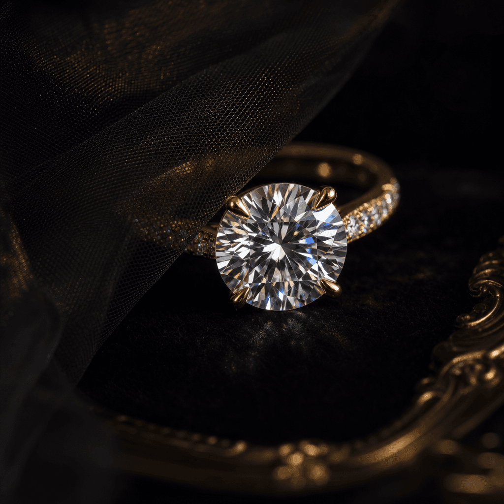 Feature a stunning ring partially covered by a veil, with a focus on the gemstone's brilliance. The setting should be da