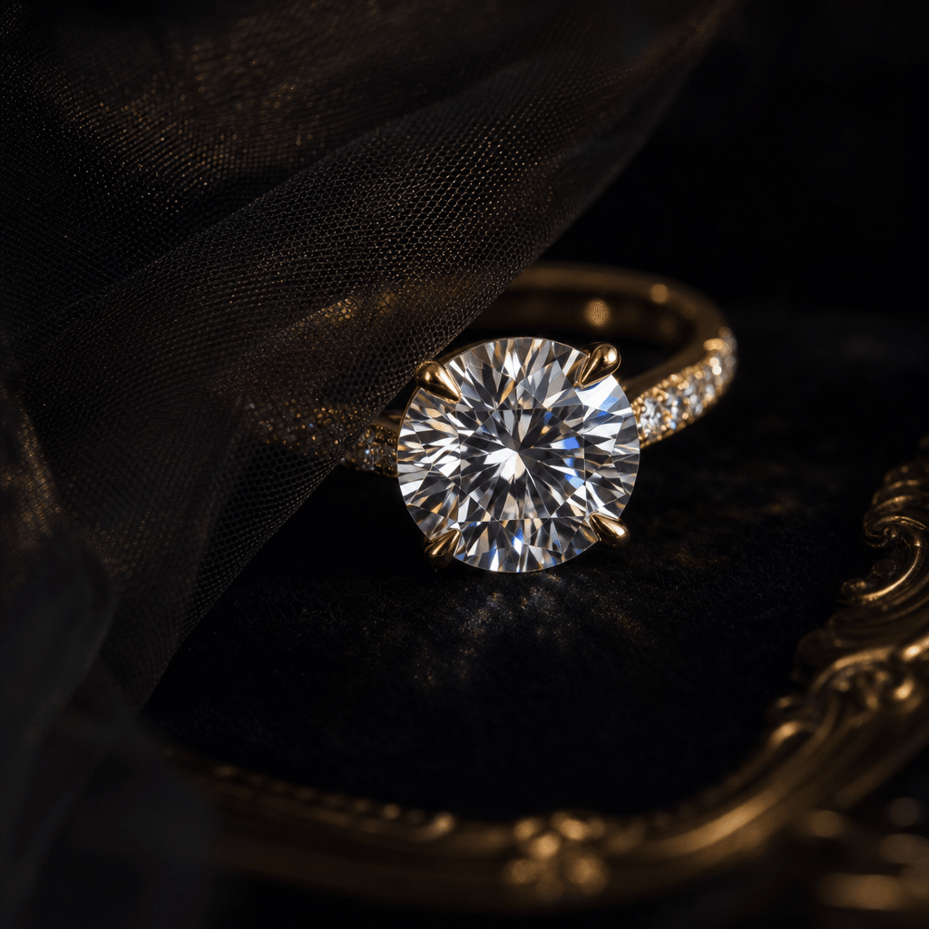 Feature a stunning ring partially covered by a veil, with a focus on the gemstone's brilliance. The setting should be da