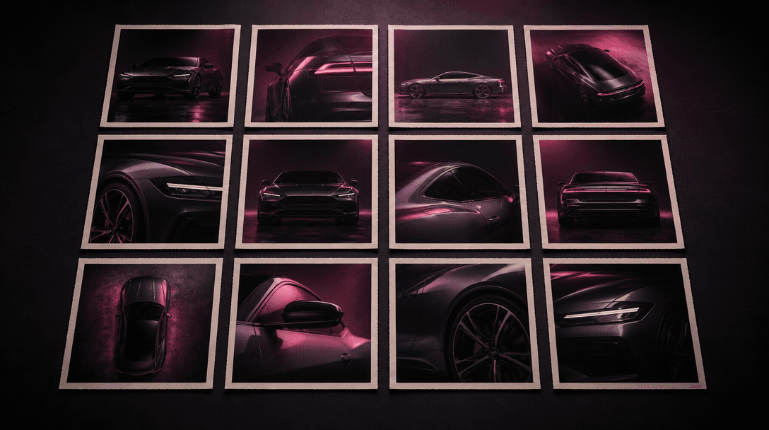 An abstract contact-sheet concept expressed without an interface: twelve square photographic prints arranged precisely a