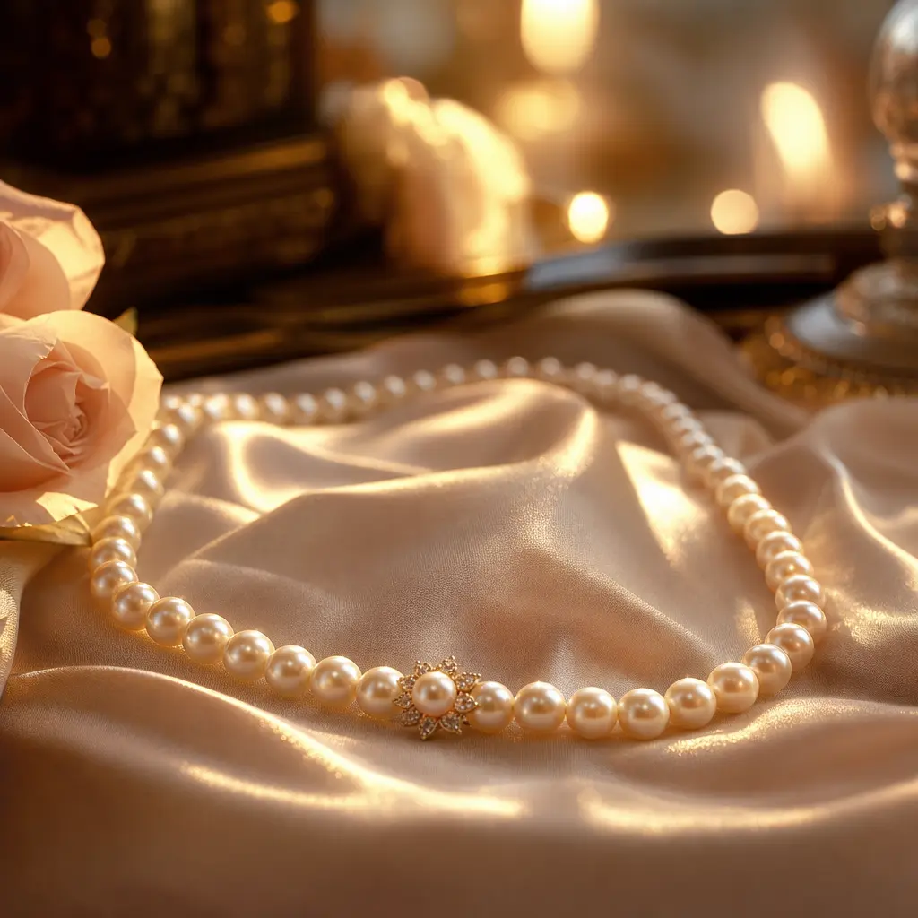 Romantic jewelry on satin fabric, pearl necklace bathed in golden hour light, warm bokeh background, luxury presentation