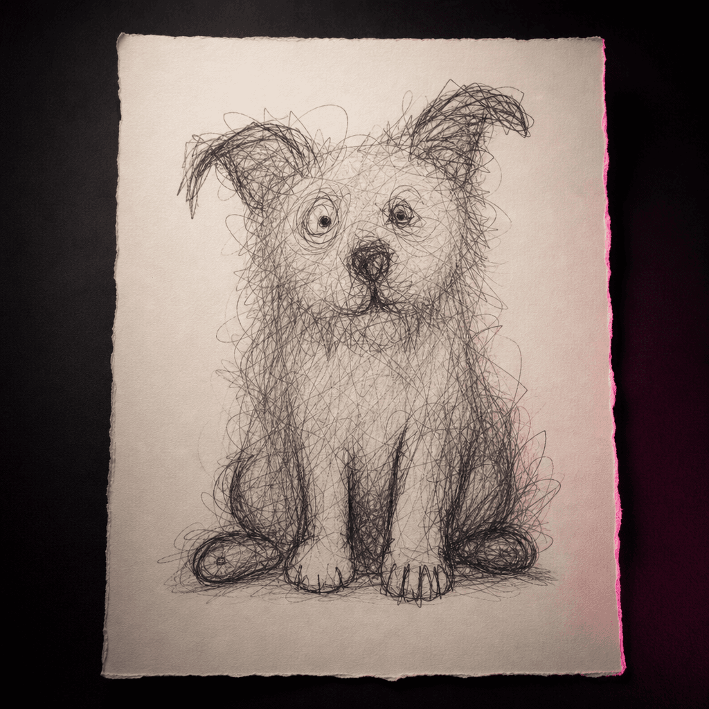 A fluffy household pet transformed into deliberately pathetic scribble art, tangled pencil lines suggesting fur, mismatc