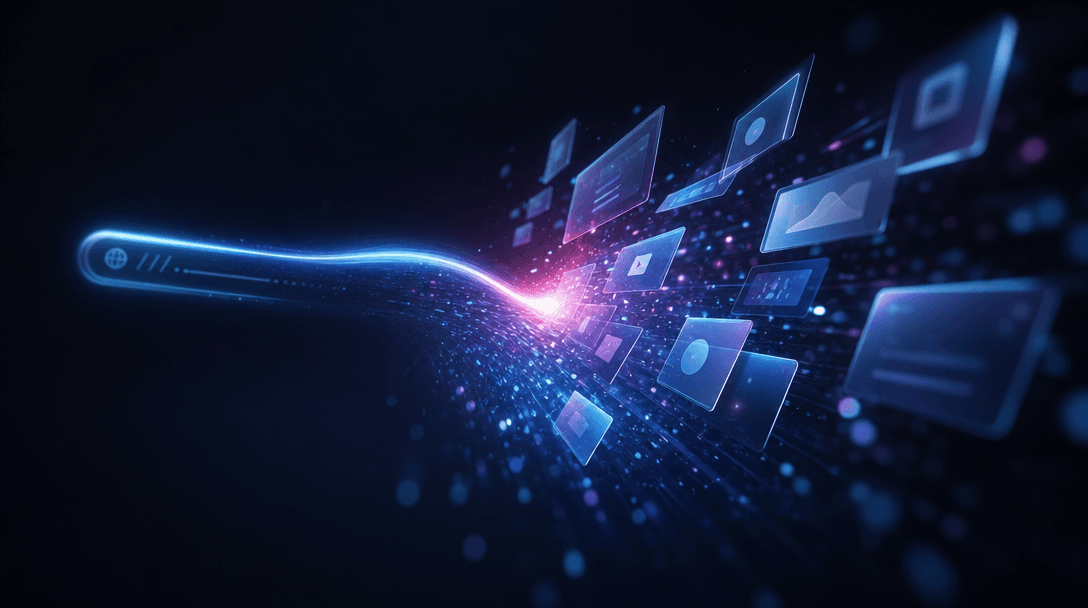 Abstract scene of a glowing URL-shaped light line transforming into floating geometric interface cards with a motion tra