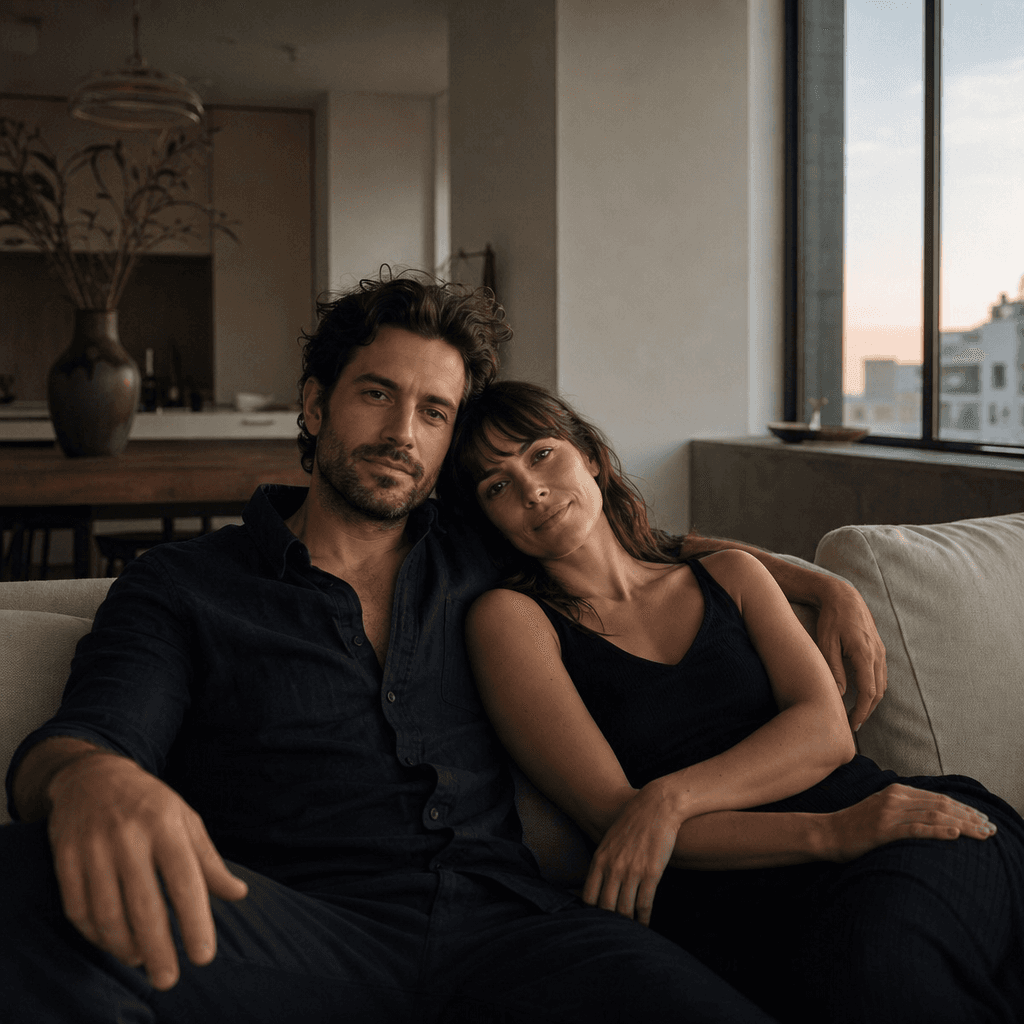 A relaxed adult couple portrait in a minimalist apartment at golden hour, seated close together on a modern sofa, soft w