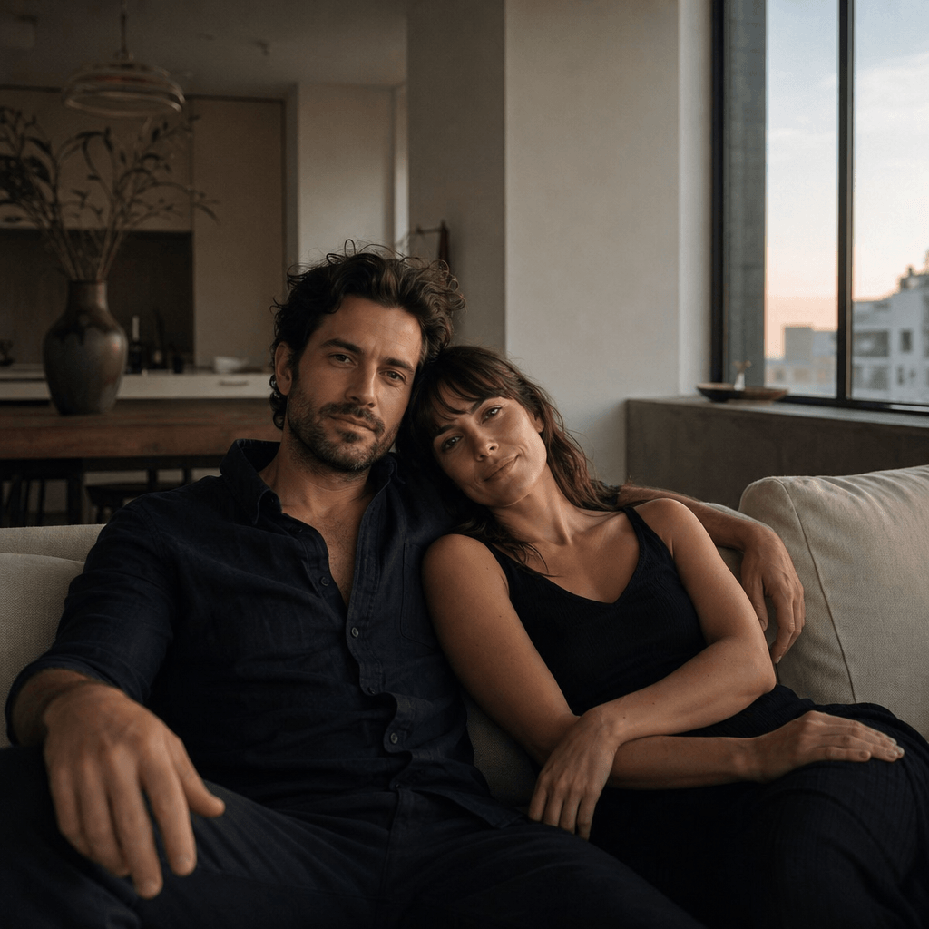 A relaxed adult couple portrait in a minimalist apartment at golden hour, seated close together on a modern sofa, soft w
