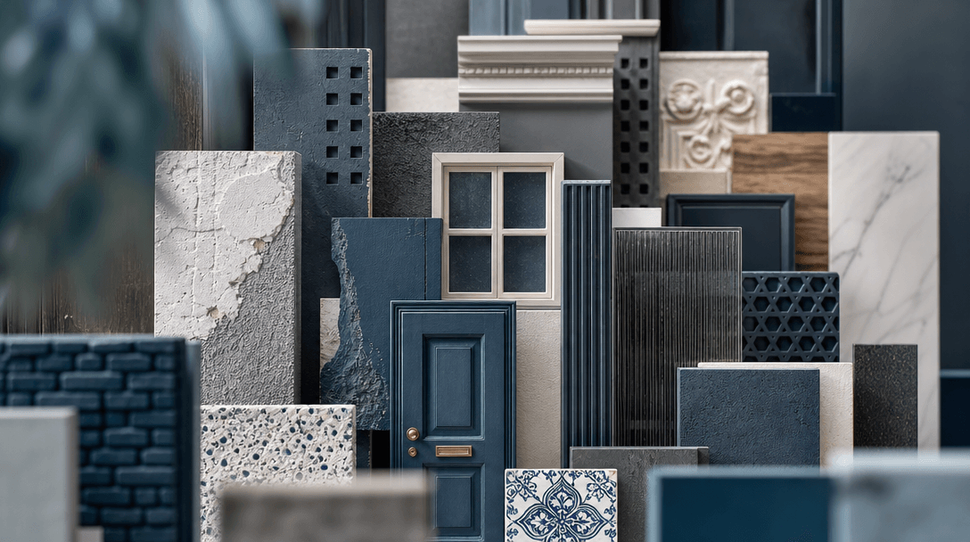 Abstract layered composition of architectural detail elements—miniature doors, window frames, wall materials—in sharp fo