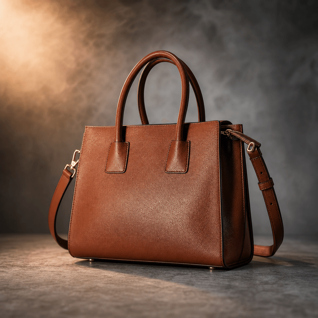 Fashion accessories product shot: structured leather handbag on a fog-lit grey studio floor, warm directional rim lighti