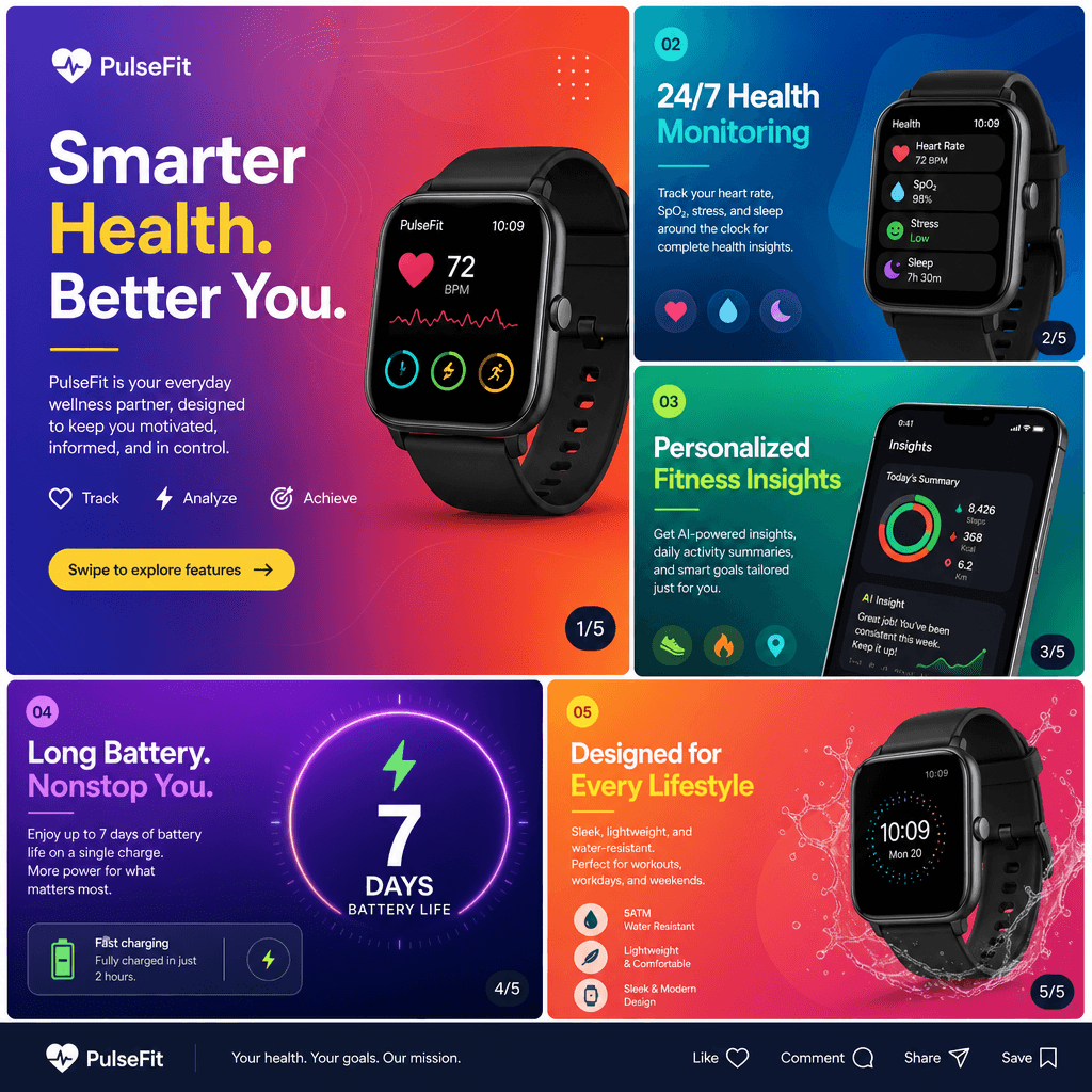 Colorful 5-slide carousel with vibrant gradient backgrounds and clean typography, product feature layout, modern design