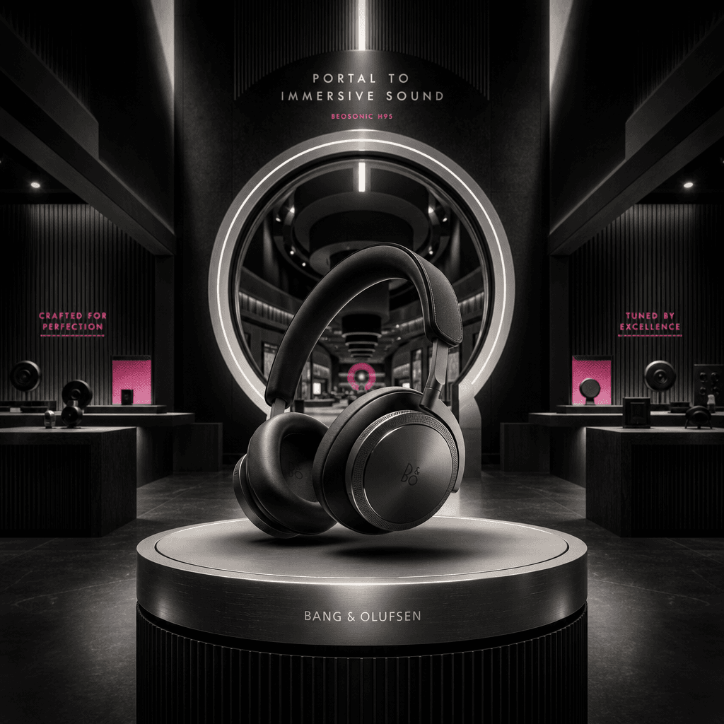 A sleek pair of wireless headphones showcased in a vast sound-inspired retail environment beyond a bus stop portal, with