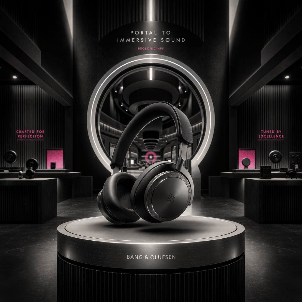 A sleek pair of wireless headphones showcased in a vast sound-inspired retail environment beyond a bus stop portal, with