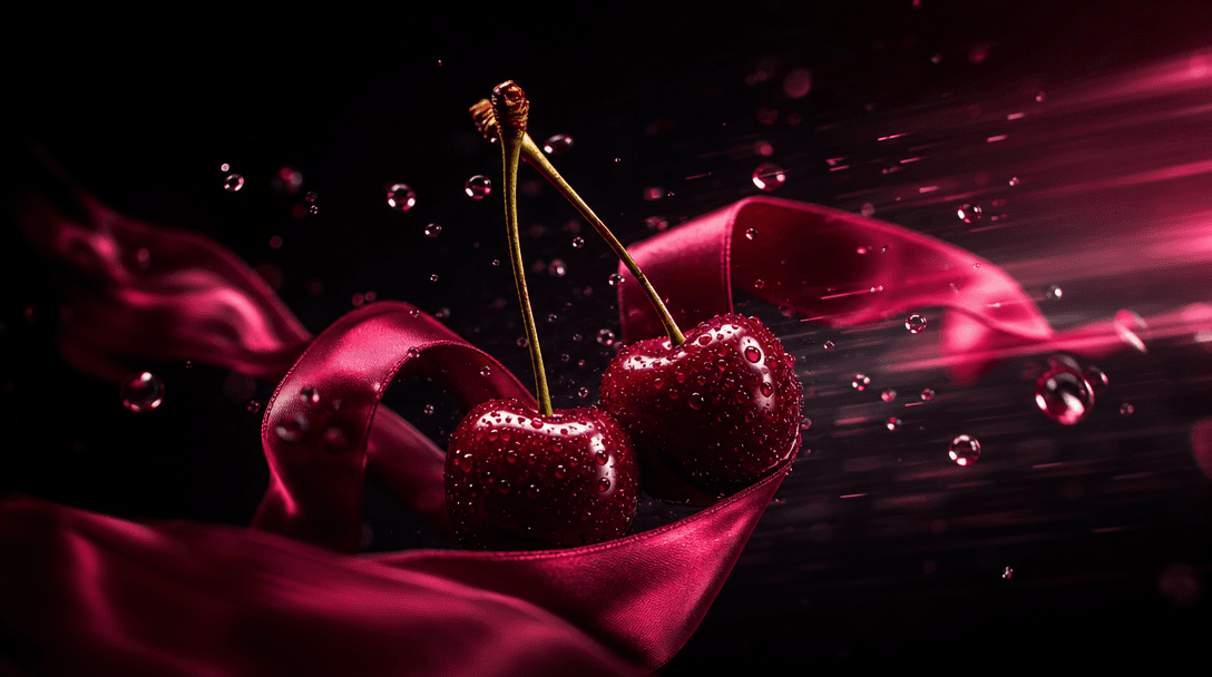 A cinematic fashion still life suggesting transition from photography to motion: silk ribbon sweeping around glossy cher