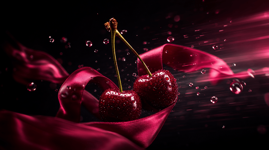 A cinematic fashion still life suggesting transition from photography to motion: silk ribbon sweeping around glossy cher