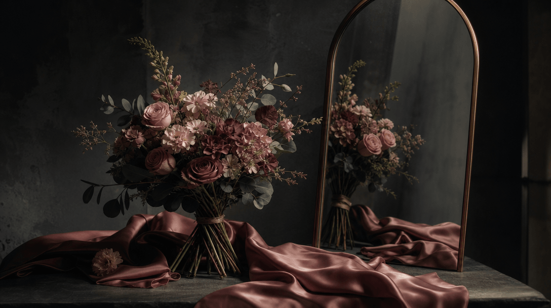 A refined still life balancing a natural hand-tied bouquet, softly folded silk, and a tall mirror on a dark studio set,