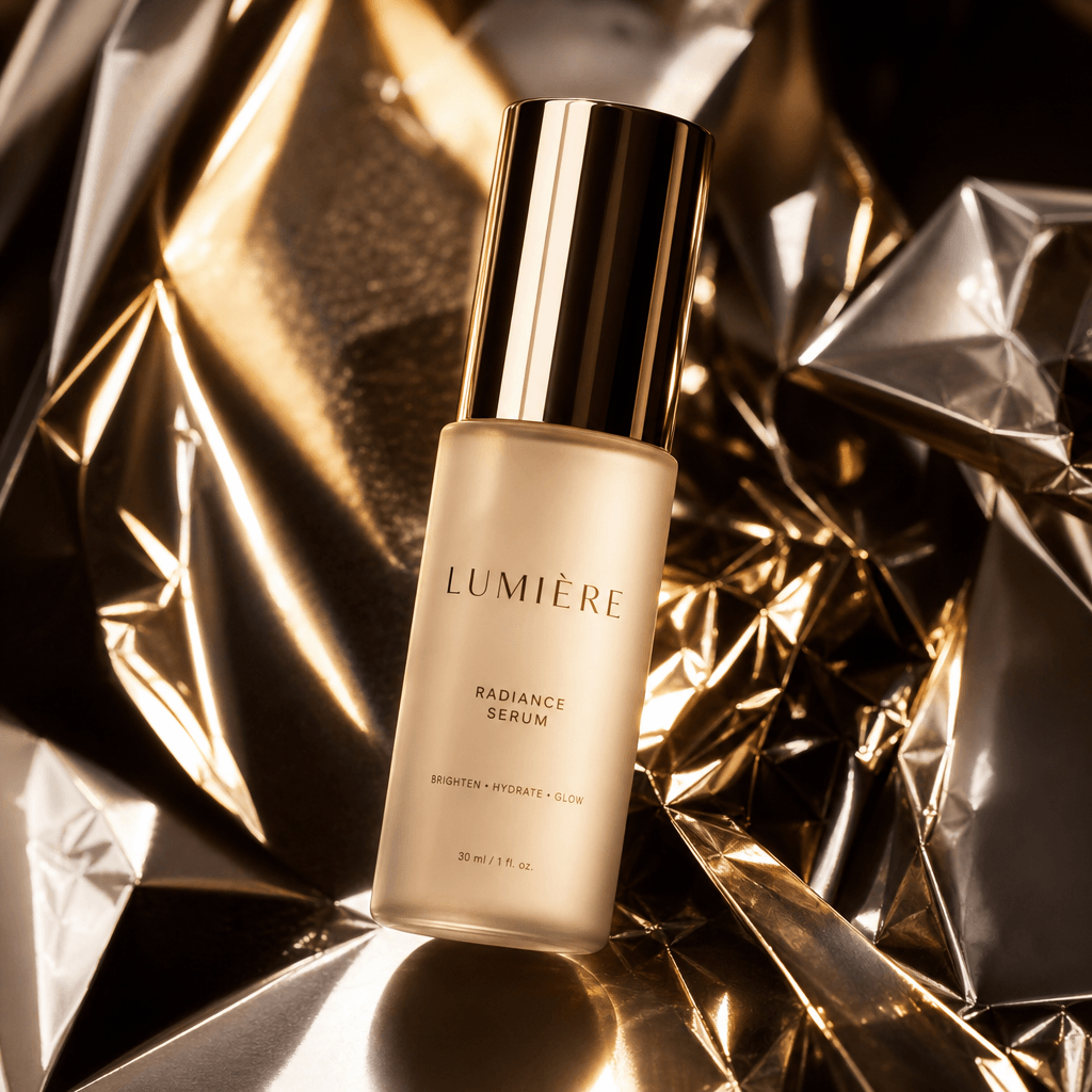 An artistic representation of a beauty product with a shiny foil background, captured in a way that emphasizes elegance