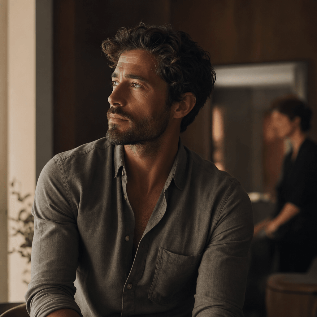 Square cinematic male portrait in a warm modern interior, anonymous adult subject in a relaxed neutral shirt beside dire