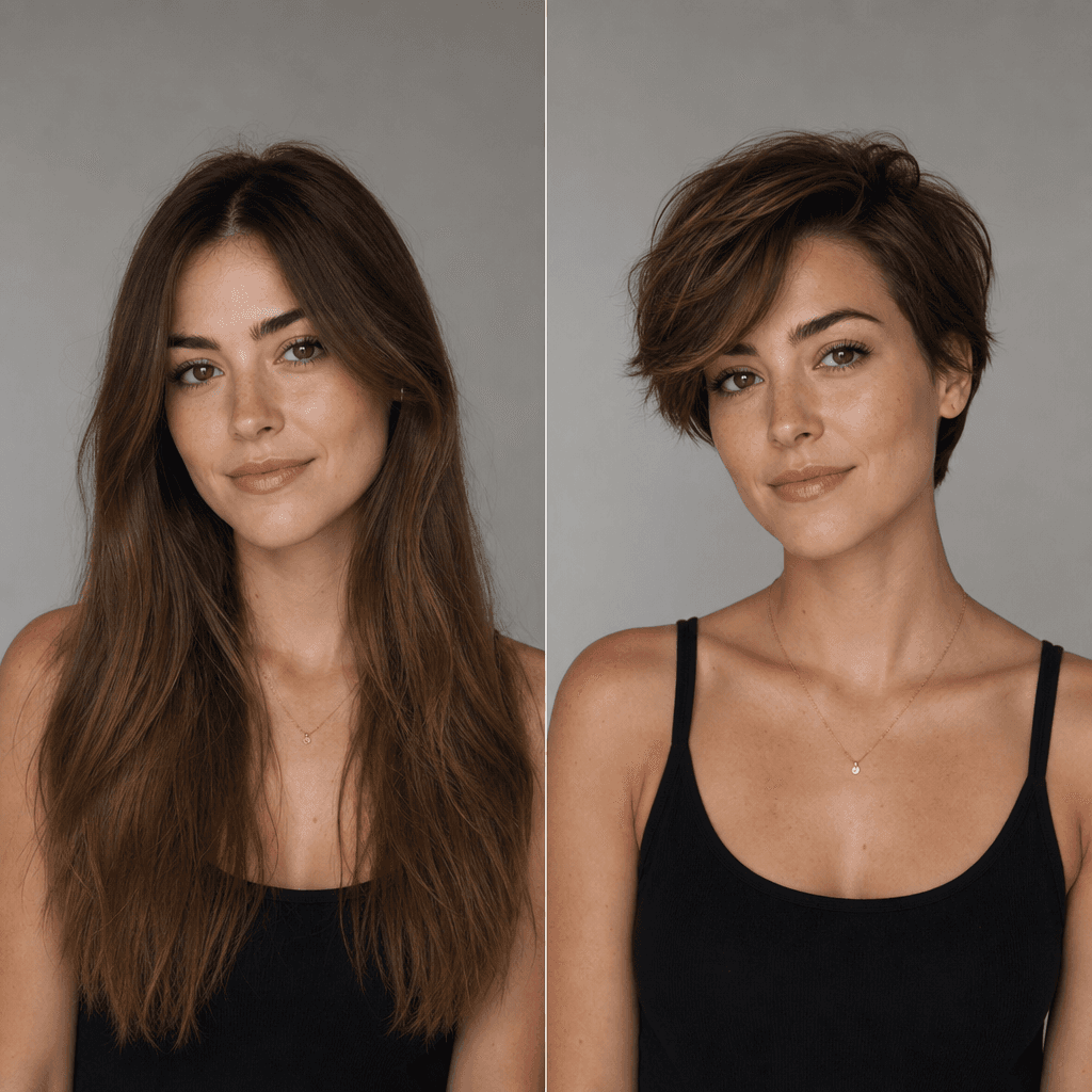 Before and after split-screen, person with original long hair on left, same person with dramatic short cut on right, stu