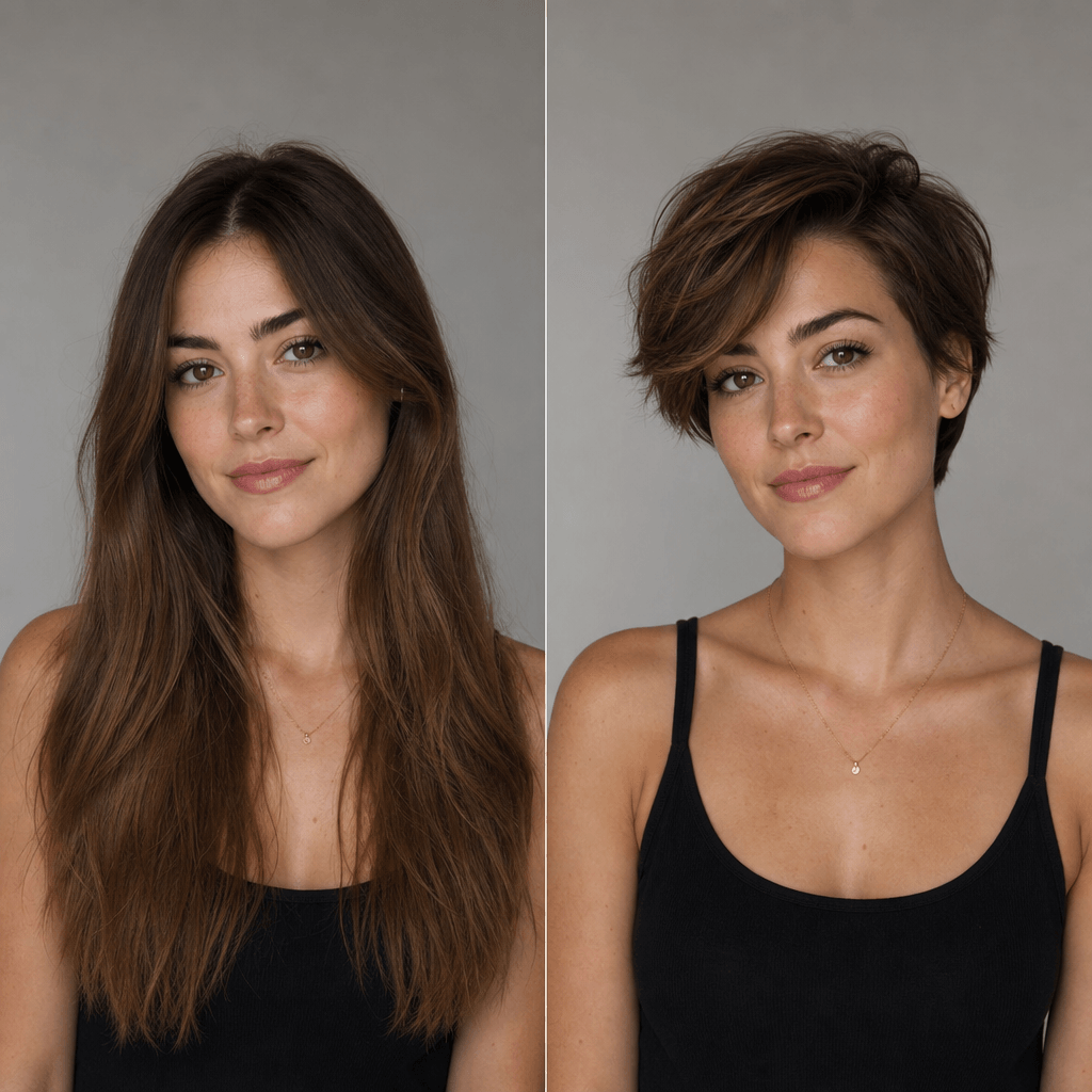 Before and after split-screen, person with original long hair on left, same person with dramatic short cut on right, stu
