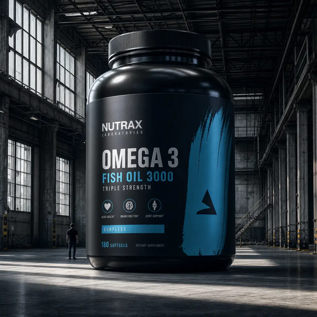 Massive wellness supplement bottle in industrial warehouse interior, dramatic sidelighting creating bold shadows, produc