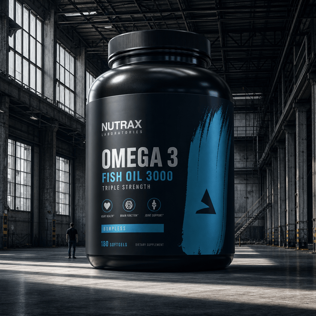 Massive wellness supplement bottle in industrial warehouse interior, dramatic sidelighting creating bold shadows, produc