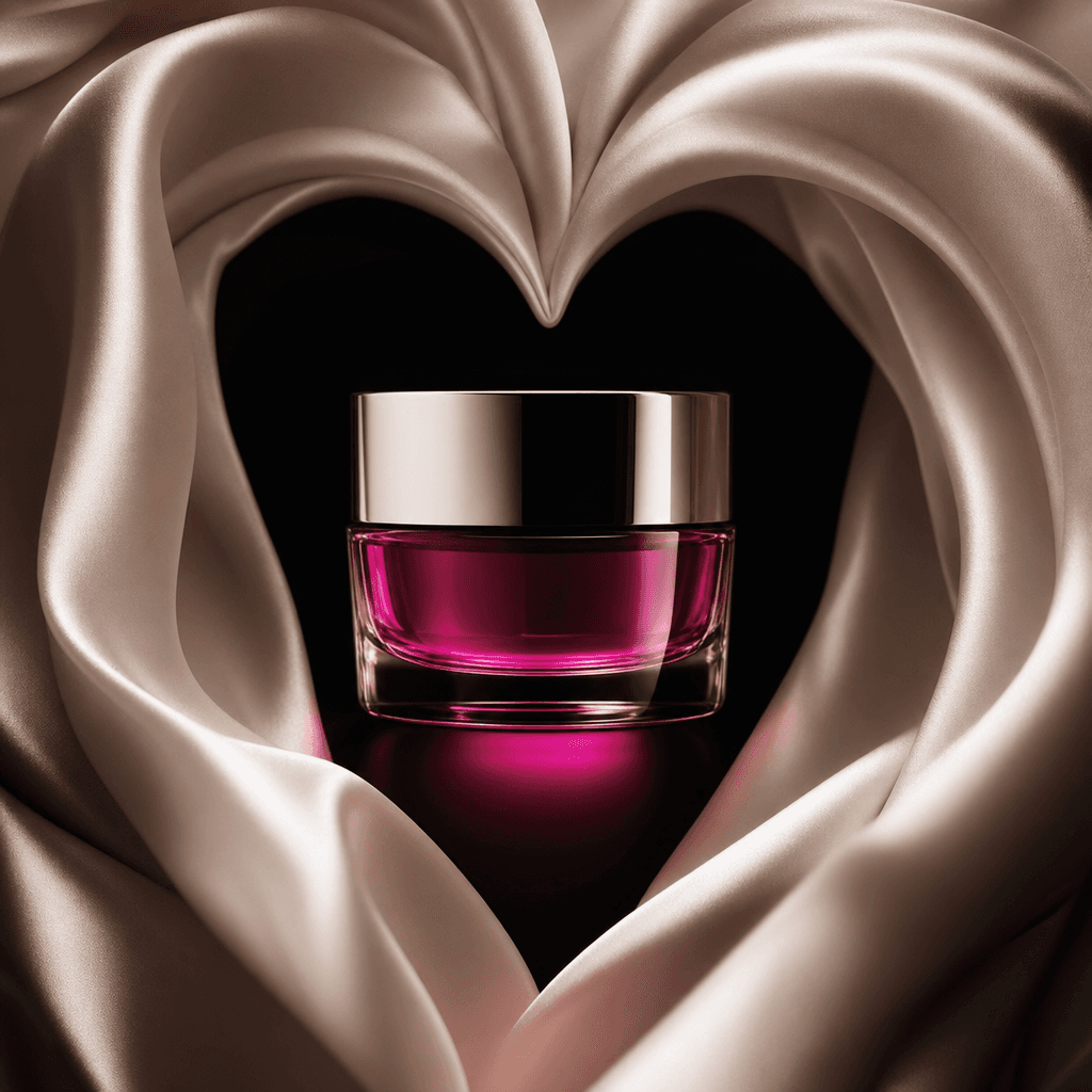 A luxury skincare jar surrounded by ivory silk forming a soft heart-shaped frame, with deep black shadows and a restrain