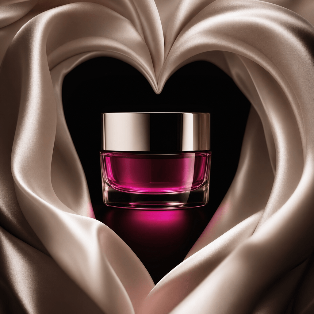 A luxury skincare jar surrounded by ivory silk forming a soft heart-shaped frame, with deep black shadows and a restrain