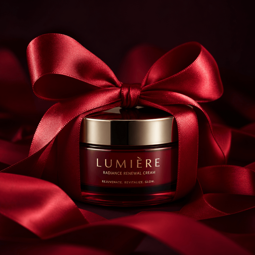 Fragrance bottle or skincare jar beautifully wrapped in flowing red ribbon, soft studio lighting, detailed bow, premium