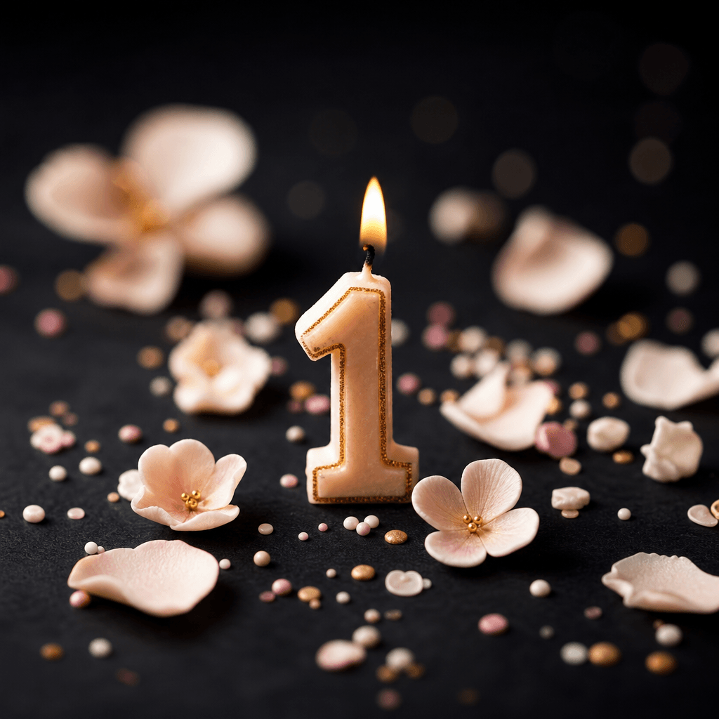 A miniature birthday number candle surrounded by scattered sugar flower petals and soft confetti on a dark matte surface