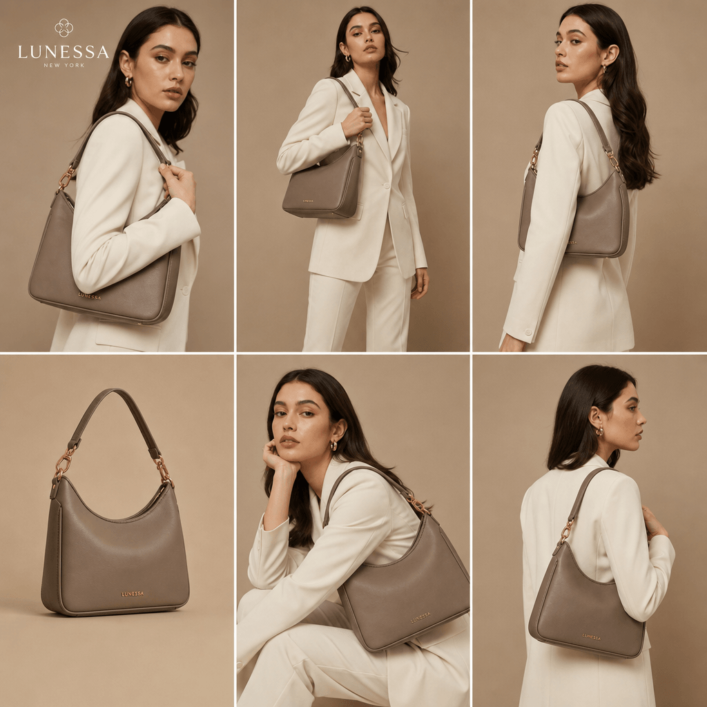 Multiple variations showing different model poses and angles showcasing same product. Professional fashion photography,