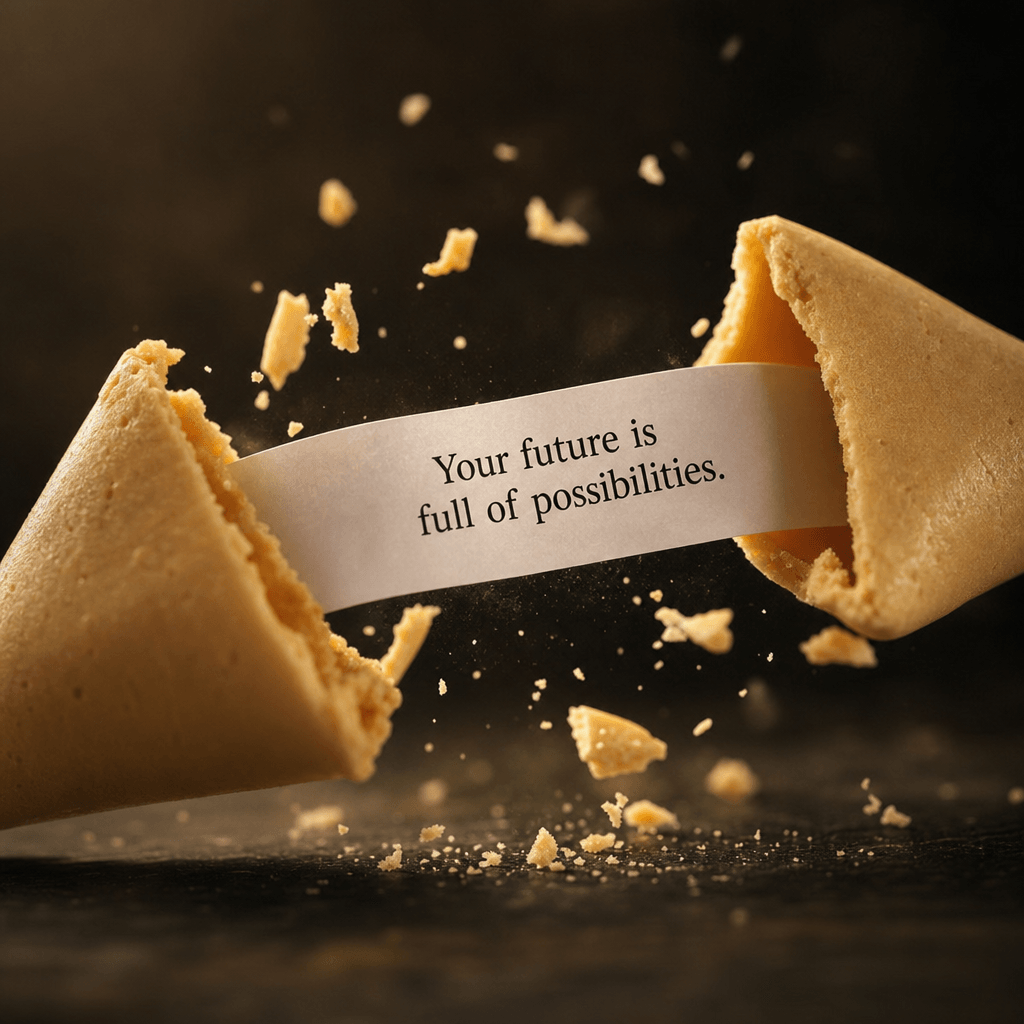 Fortune cookie opening animation frame, message reveal moment, cinematic quality, professional video output.