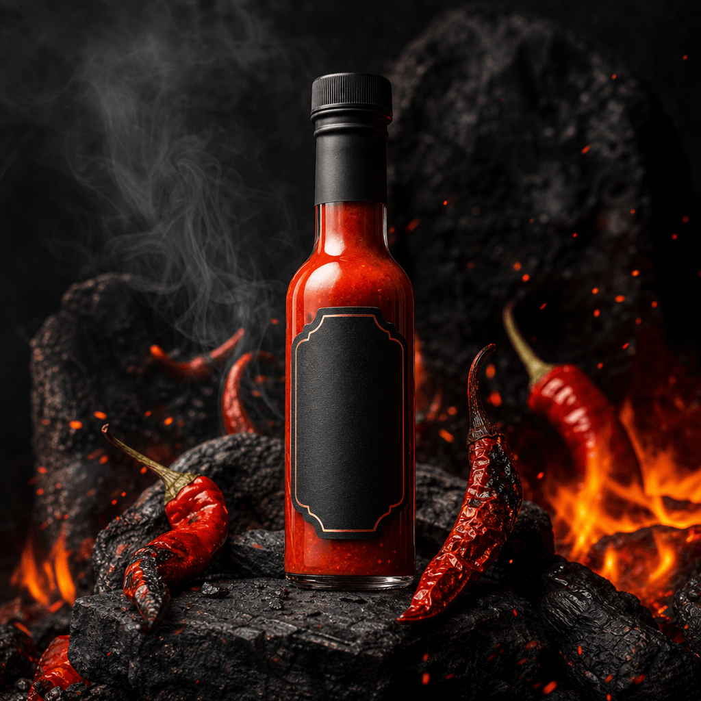 A gourmet hot sauce bottle surrounded by red peppers, glowing embers, blackened stone, and a controlled curl of smoke. C