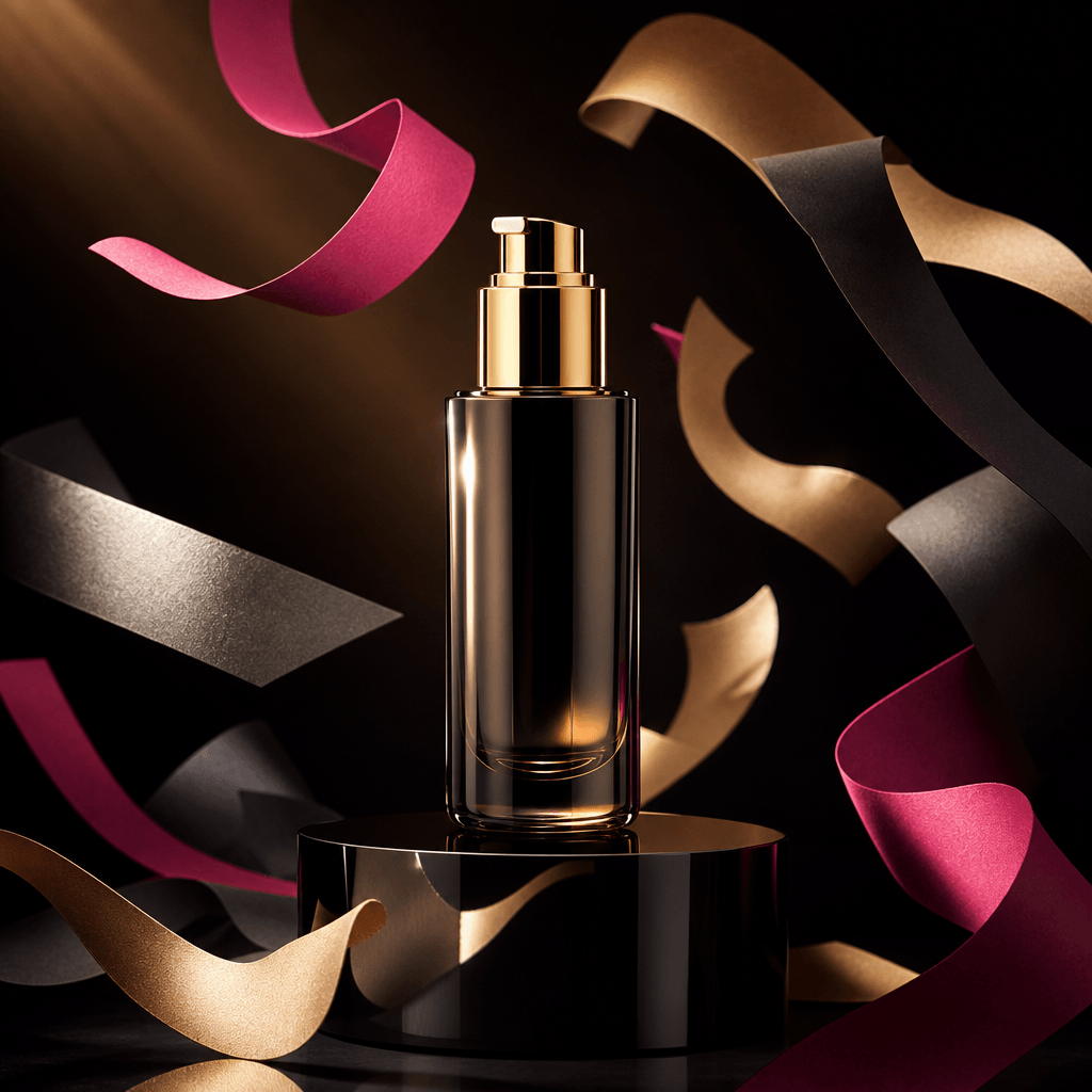 A luxury skincare bottle standing on a glossy dark pedestal while colorful paper streamers curl through the air around i