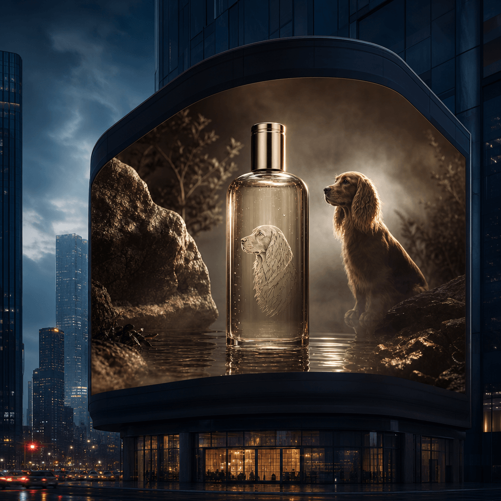 A luxury pet grooming bottle staged inside a giant curved corner screen, translucent liquid and metallic cap catching co