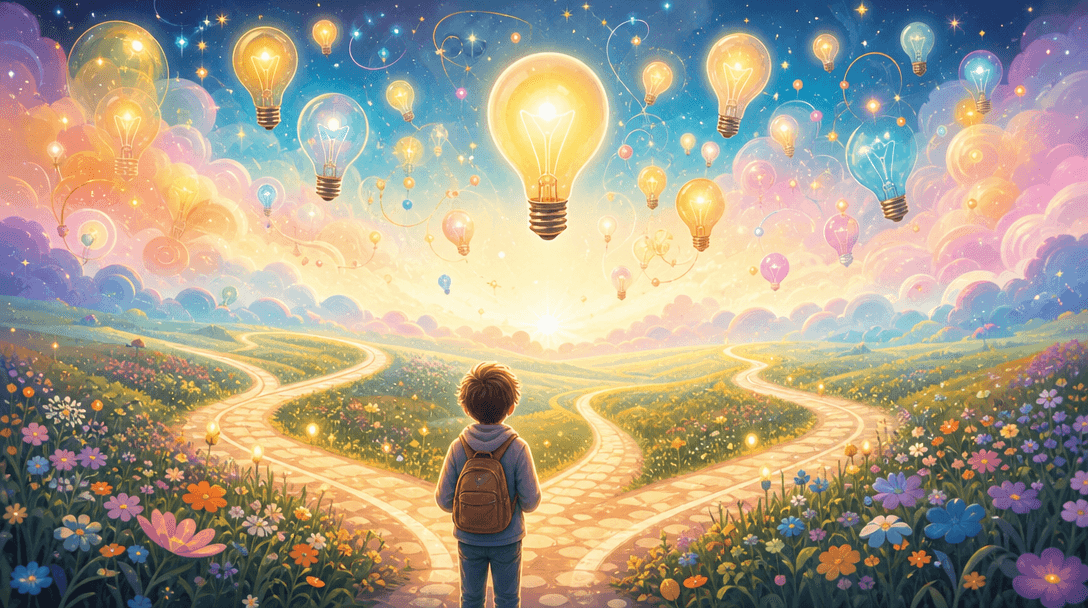 Career exploration inspiration visualization. Light bulbs, paths diverging, opportunities blooming, dreams materializing