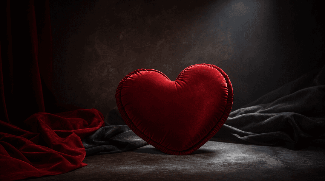 A plush crimson heart pillow arranged in a complete dark studio set with charcoal flooring, soft draped fabric, one focu