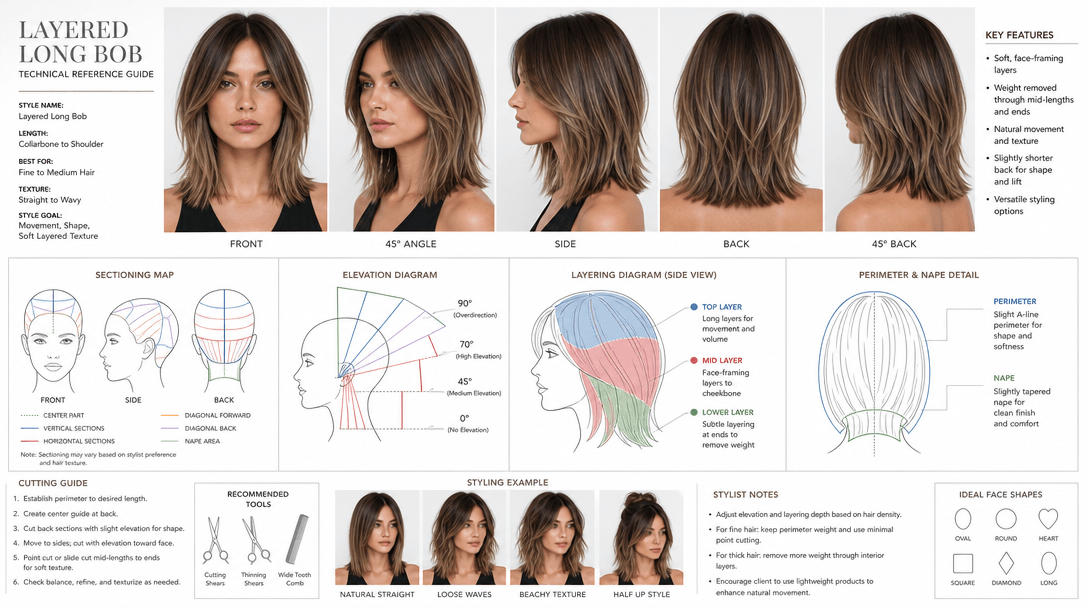 Stylist reference chart with multiple angle views of hairstyle structure and layering, technical detail illustration.