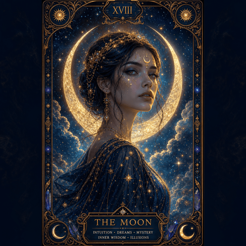Celestial mystical tarot card with moon and star symbols, portrait surrounded by ethereal lighting effects, ornate frame