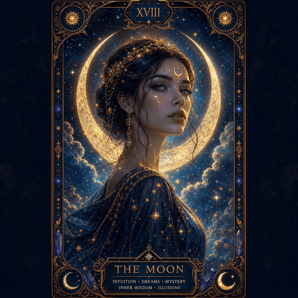 Celestial mystical tarot card with moon and star symbols, portrait surrounded by ethereal lighting effects, ornate frame