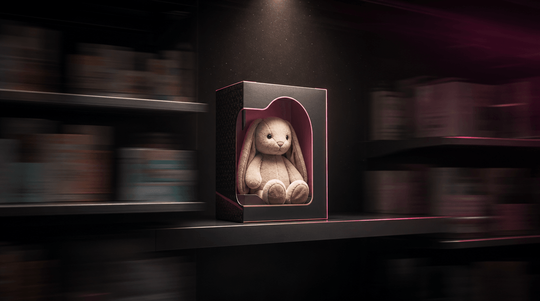 A single premium children's product illuminated on a dark retail shelf while surrounding objects dissolve into gentle mo