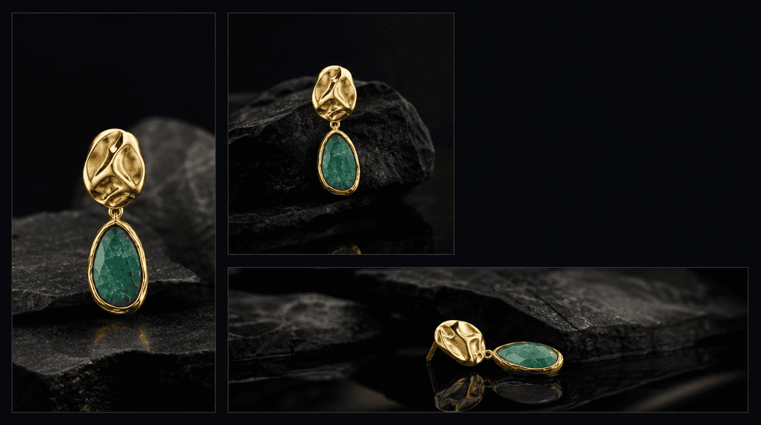 Abstract arrangement of three identical earrings in different aspect-ratio crop guides — vertical, square, and wide — ea