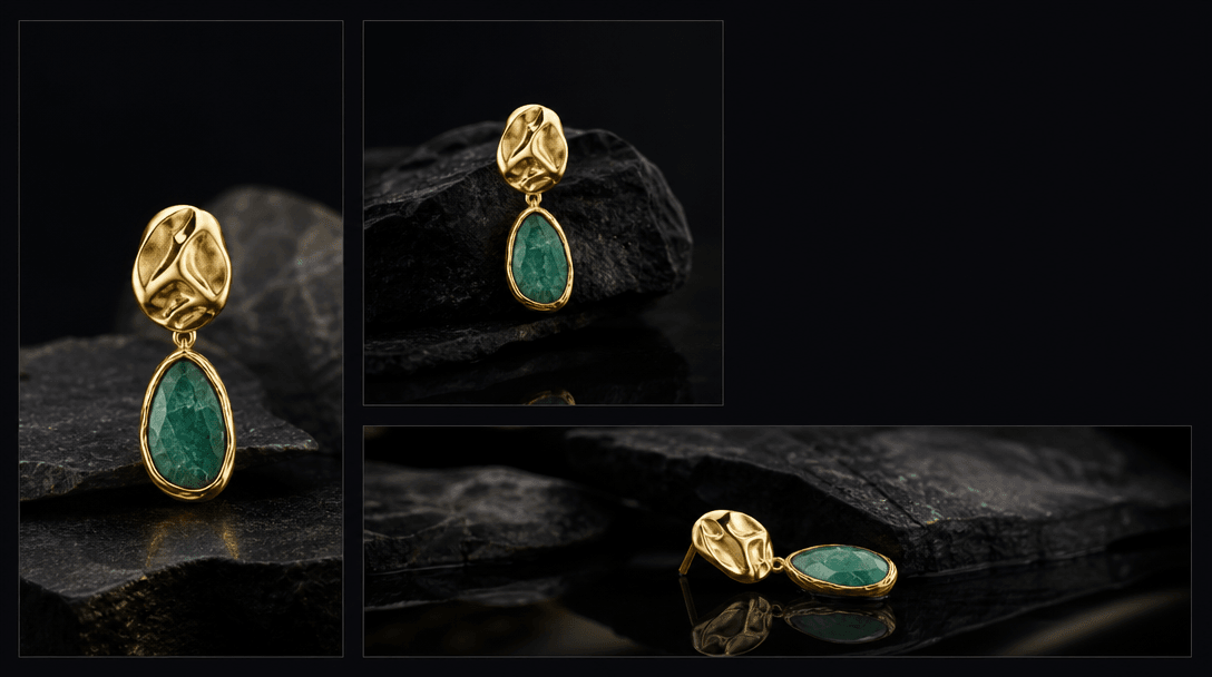 Abstract arrangement of three identical earrings in different aspect-ratio crop guides — vertical, square, and wide — ea