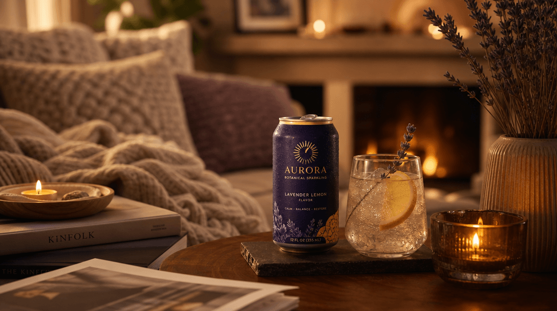 Lifestyle context visualization showing drink in inviting setting, warm atmospheric lighting, cozy environment, aspirati