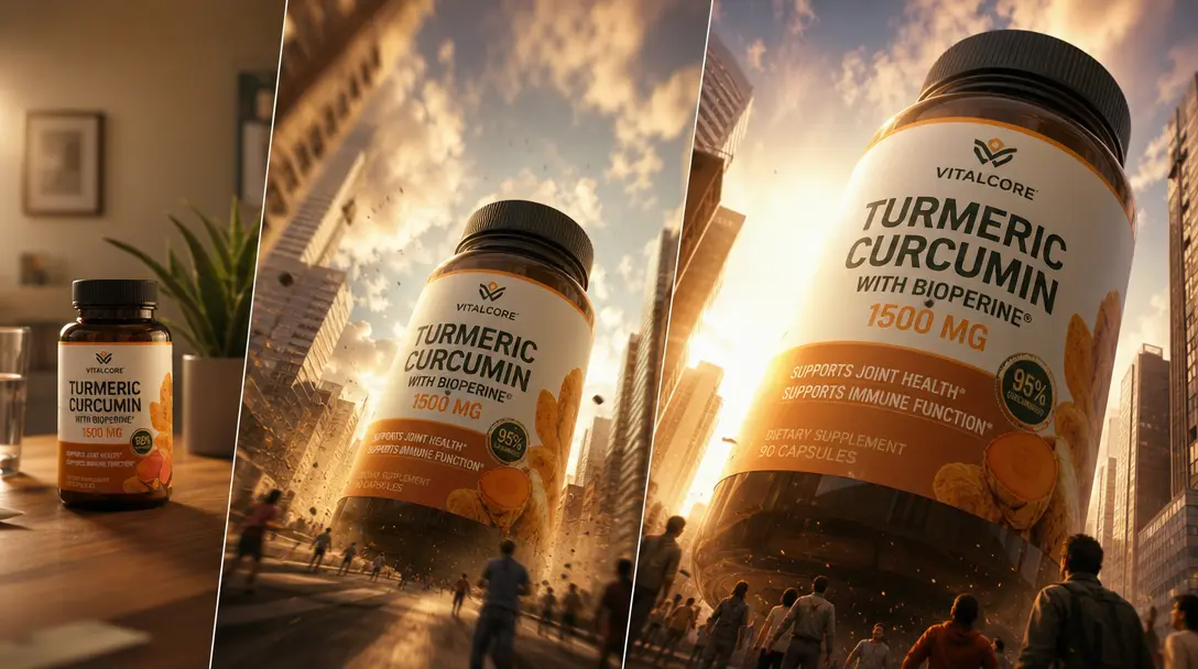 Supplement bottle transitioning from normal size to giant scale, dramatic perspective shift showing product growing, dyn