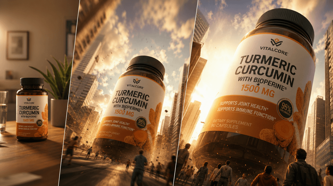 Supplement bottle transitioning from normal size to giant scale, dramatic perspective shift showing product growing, dyn