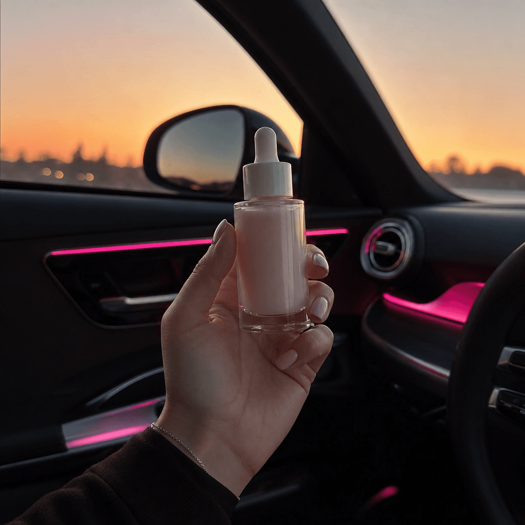 Square cinematic car interior scene with an anonymous creator naturally presenting an unbranded cosmetic serum toward th
