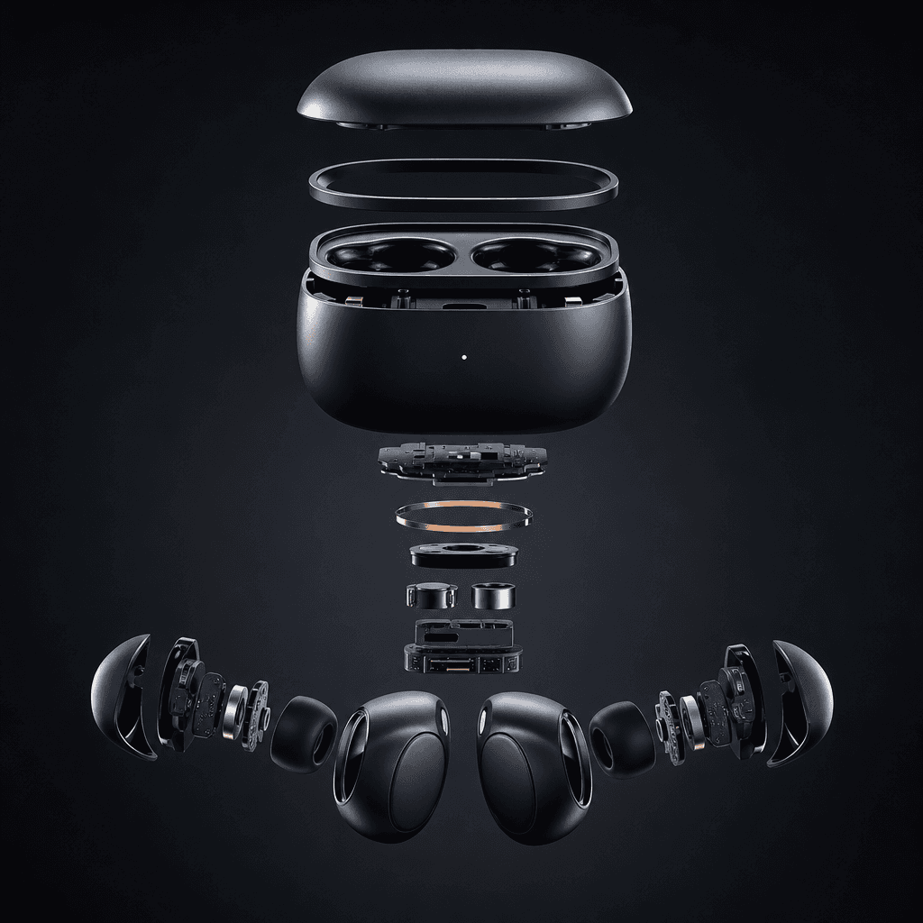 Compact wireless earbud case and earbuds shown as an elegant component-inspired assembly with shells, rings, and interna
