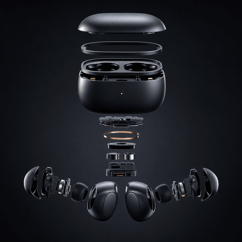 Compact wireless earbud case and earbuds shown as an elegant component-inspired assembly with shells, rings, and interna