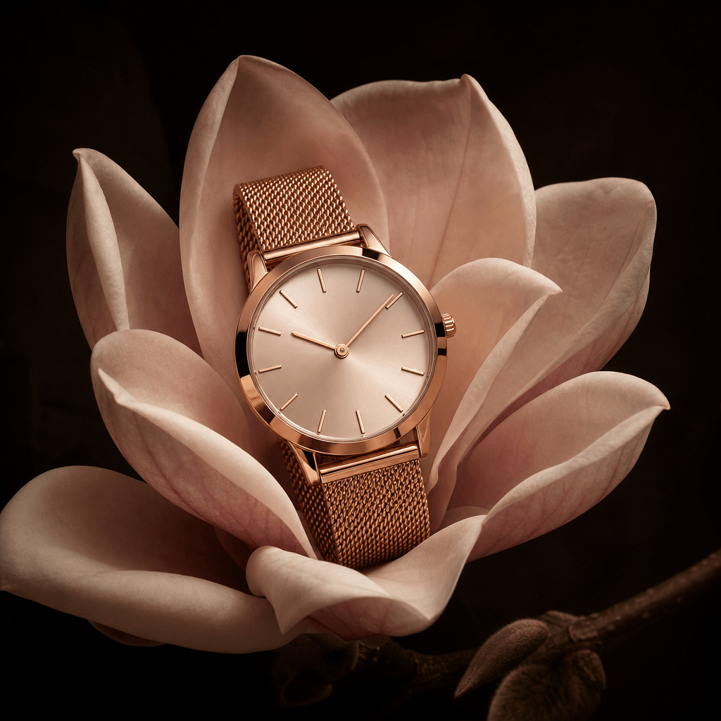 A rose-gold watch displayed inside a pale blush magnolia, layered petals forming a natural pedestal, dramatic dark edito