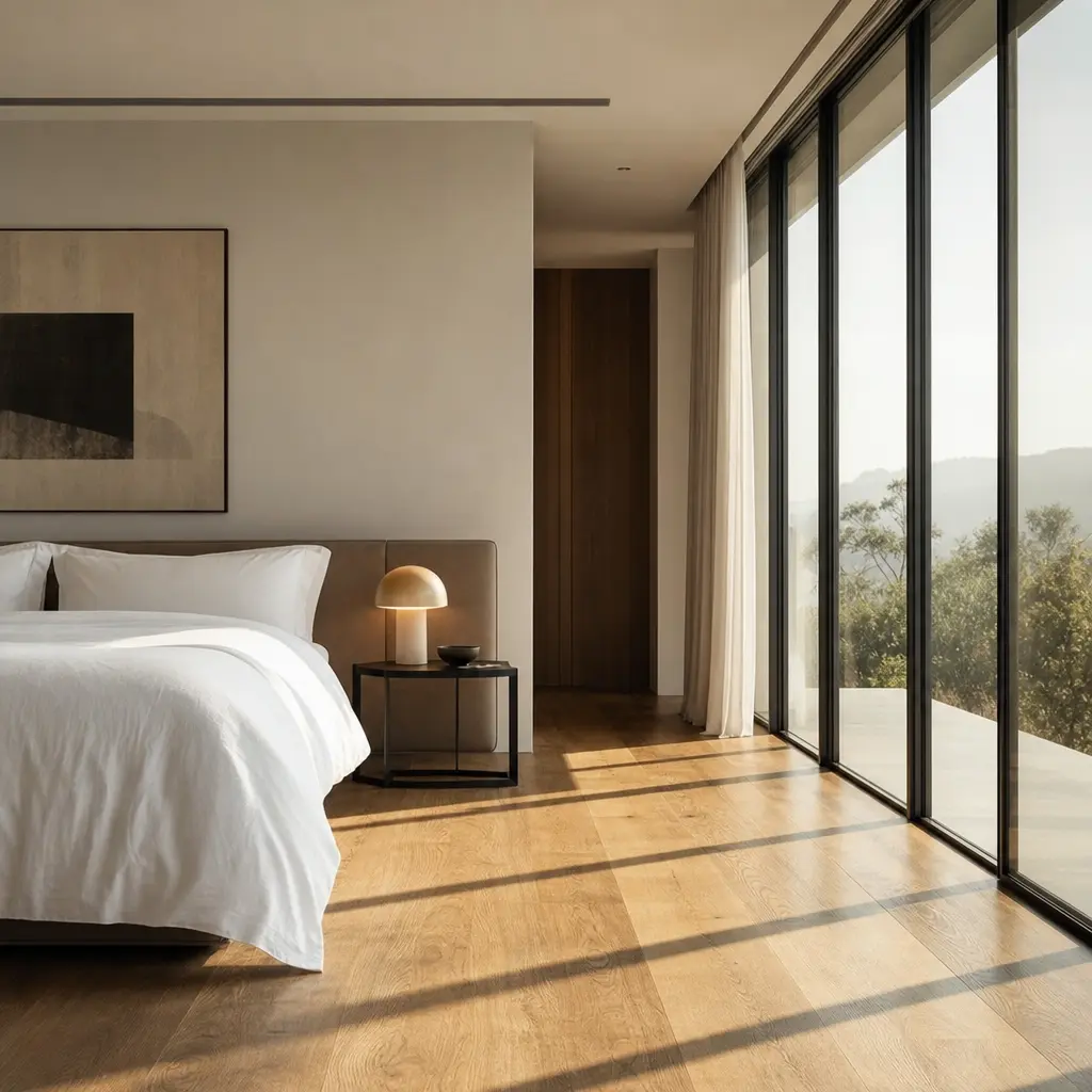 Modern minimalist bedroom interior — crisp white linen bedding, floor-to-ceiling windows with diffused morning light cas
