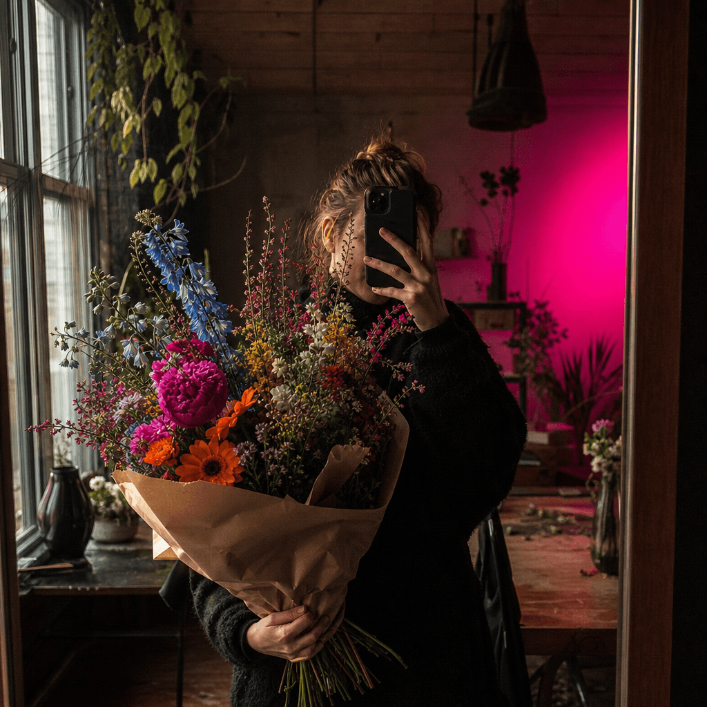 A colorful wildflower bouquet wrapped in kraft paper during a spontaneous mirror selfie in a creative studio, anonymous